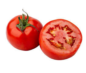 fresh red tomato and a half tomato on white background.