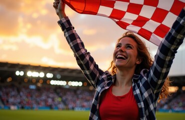 Woman celebrating with a checkered flag at sunset stadium event