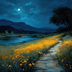 Moonlight path through a field of wildflowers