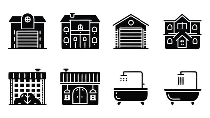 Depiction of various house styles and bathroom fixtures in black and white illustration style design