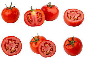 fresh tomatoes, whole and halved set, on white background.