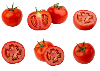 fresh tomatoes, whole and halved set, on white background.