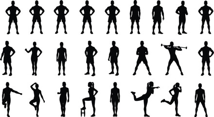 A collection of fitness silhouettes, men and women in various exercise and sport poses, a vector illustration for health and wellness.