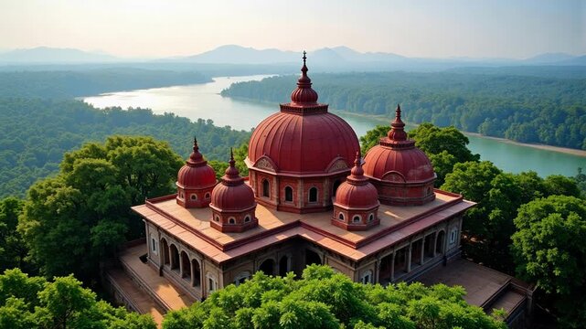 Stunning 4K aerial drone footage captures the majestic Kamakhya Temple, highlighting vibrant red domes amidst lush greenery with the distant Brahmaputra river.
