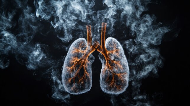 Lungs engulfed in smoke, representing the dangers of smoking and air pollution.
