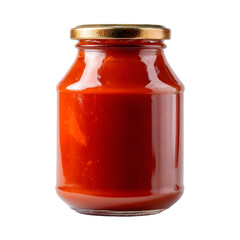 A glass jar filled with a vibrant red sauce sitting against a stark black background in a studio shot on transparent background