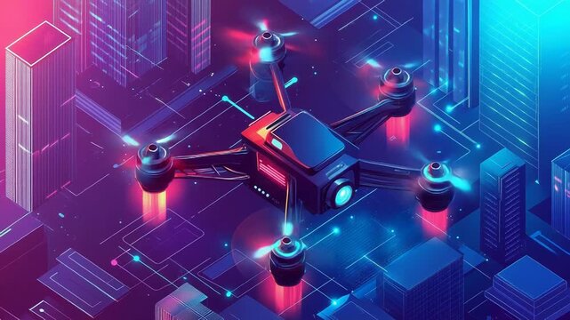 Drone flying over futuristic city with neon lights