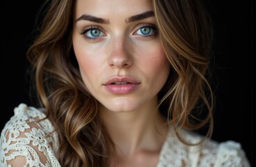 Fototapeta premium Woman with striking blue eyes and wavy brown hair looking directly at the camera