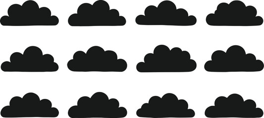 Set of Cloud Silhouettes, Collection of 12 Different Cloud Shapes, Isolated on a White Background. Flat Vector Illustration, Cad Drawing.