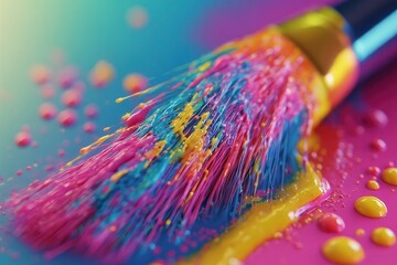 Obraz premium Closeup shows a paint brush soaked in pink blue and yellow paint resting on a multicolored surface