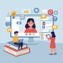Happy children engaged in a virtual class, actively participating with a teacher on a large computer screen, using laptops and tablets, surrounded by books and educational icons.