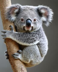 Naklejka premium Cute koala clings to a tree branch, looking at the camera with expressive eyes