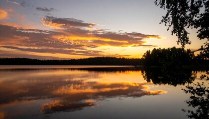 Tranquil Lake Sunset: Golden Clouds Reflecting on Calm Water Surface