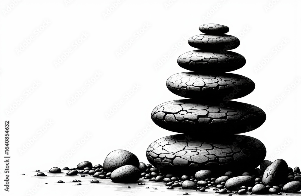 Poster balanced stack of smooth stones arranged in a vertical formation on a plain background