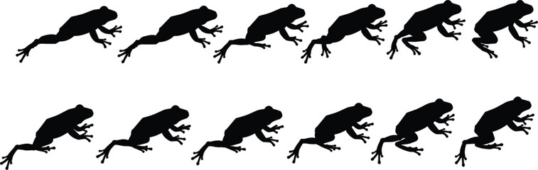 Set of Frog Silhouettes, Collection of 10 Frogs in a Leaping Pose, Isolated on a White Background. Flat Vector Illustration, Cad Drawing.