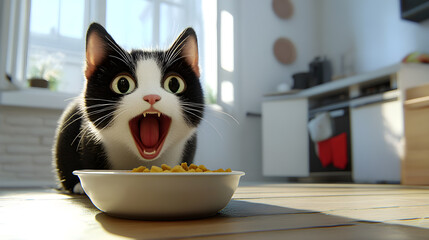 The cat widens its eyes in front of the food plate.
