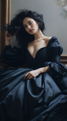 Elegant woman wearing a black gown poses gracefully against a vintage backdrop with natural lighting and soft focus enhancing her beauty