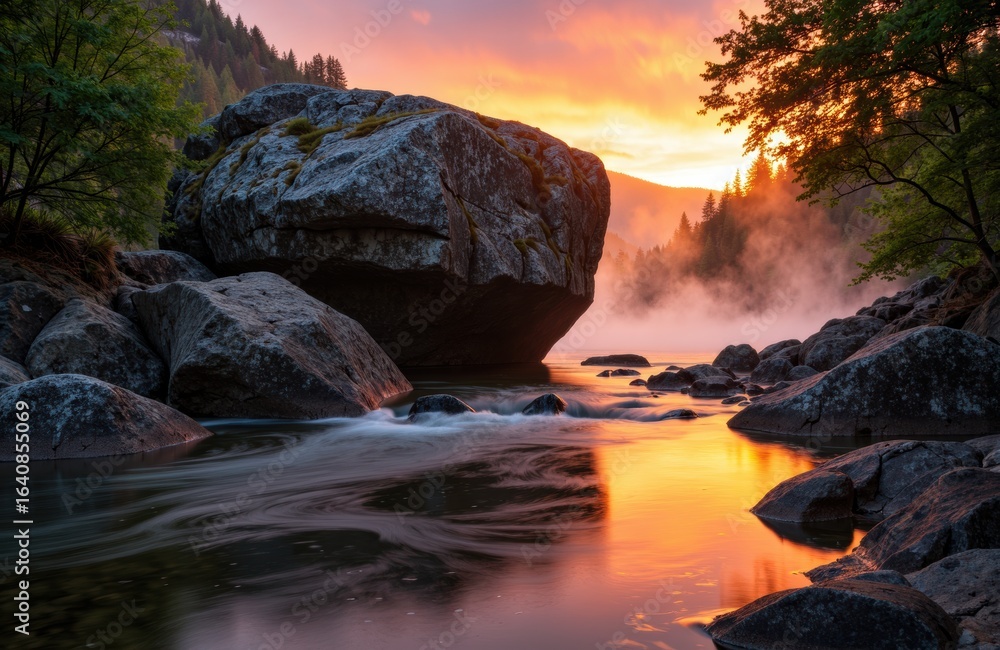 Poster sunset over a river with large rocks and lush trees creating a peaceful natural scene