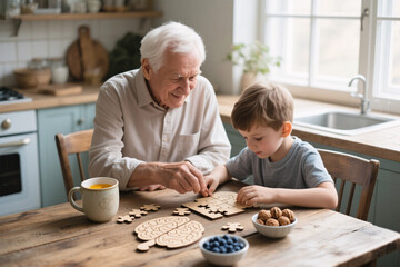 Heartwarming bonding of grandfather and grandson focused on wooden puzzle, intimate cozy atmosphere, Alzheimer’s prevention and healthy digital detox activity for all ages