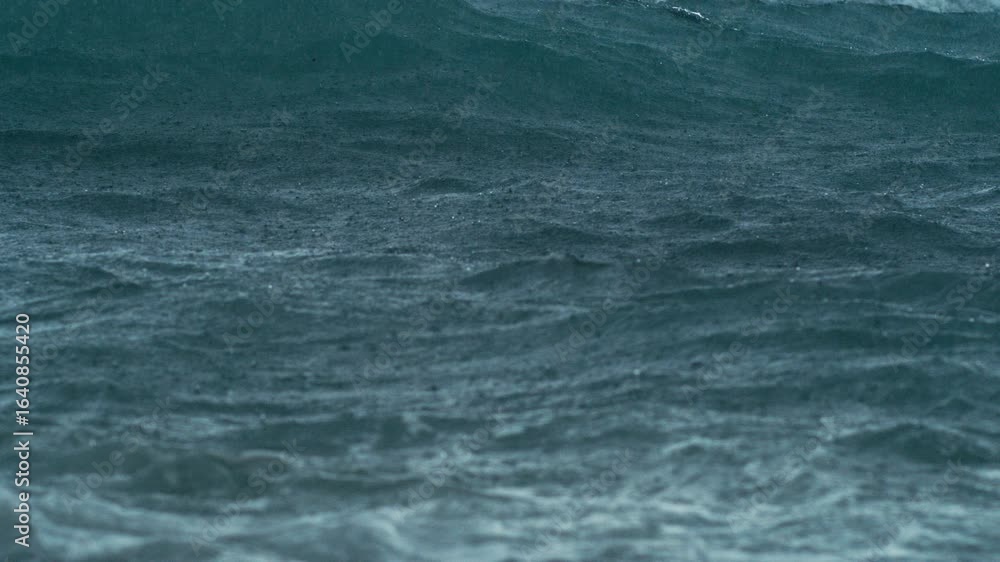 Poster moody ocean surface under rainfall with dynamic ripples in slow motion
