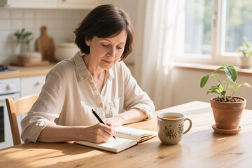 Mature woman with short hair sitting at wooden kitchen table, writing gratitude journal in morning light, ceramic mug of herbal tea, potted plant, ultra realistic photo