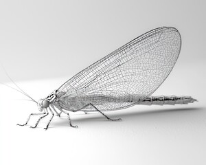 Detailed monochrome insect with delicate, veined wings sitting on white