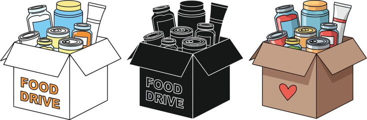 Illustration of three food drive boxes filled with canned goods and jars