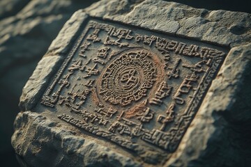 Stone slab displays an ancient inscription with circular glyphs and linear symbols weathered by time