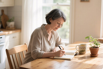 Mature woman with short hair sitting at wooden kitchen table, writing gratitude journal in morning light, ceramic mug of herbal tea, potted plant, ultra realistic photo