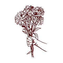 Hand holding a bouquet of lush flowers. Hand drawn vector graphic clipart for banners, cards and posters for Back to School and Teachers Day.