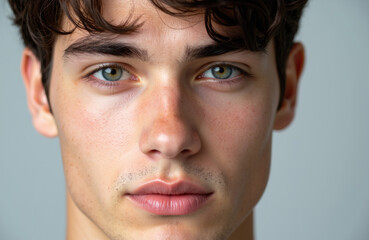 Obraz premium Close-up of a young man with clear skin and striking blue eyes looking directly at the camera