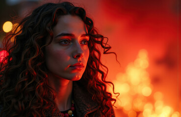 Woman with curly hair illuminated by warm red and orange lighting creating a dramatic atmosphere