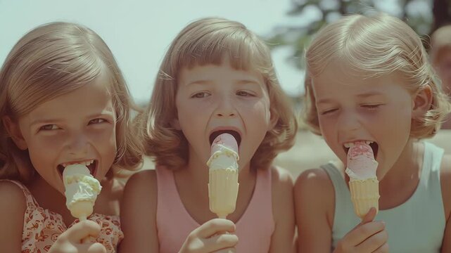 Three happy girls enjoying ice cream outdoors on a sunny day