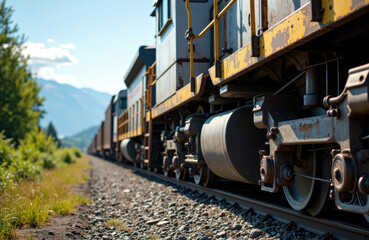 Obraz premium A freight train moves along a railway track through a scenic landscape with mountains in the background