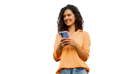 Curly-haired woman smiling, using smartphone, isolated on transparent background for seamless digital integration