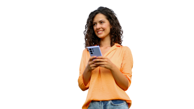 Curly-haired woman smiling, using smartphone, isolated on transparent background for seamless digital integration