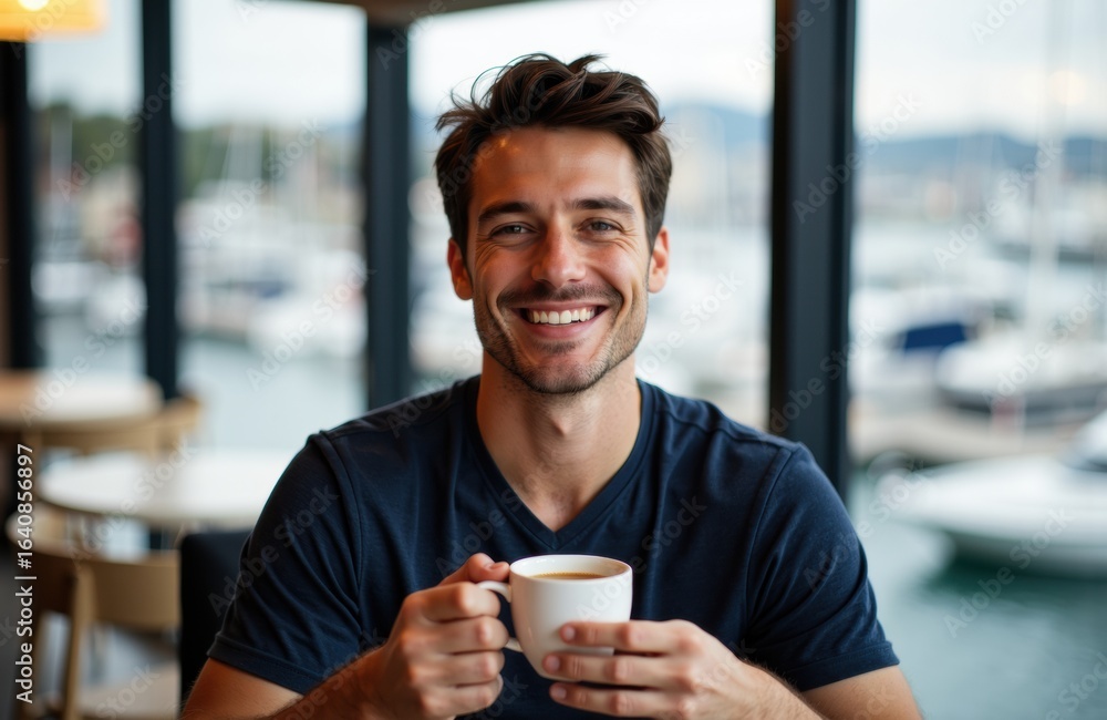 Poster a smiling man enjoying a coffee in a bright, modern cafe setting with large windows and marina views
