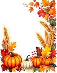 Thanksgiving Autumn Leaves Border with Pumpkins and Wheat