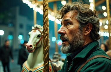 Fototapeta premium A man with gray hair and beard enjoying a ride on a carousel horse at night