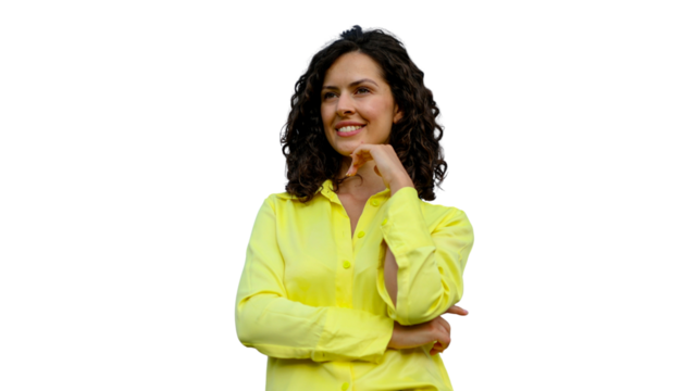 Studio shot of a thoughtful businesswoman smiling while holding her chin, isolated on a transparent background
