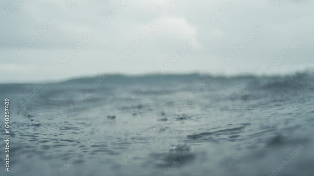 Poster raindrops create ripples across open water surface in super slow motion