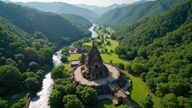 Stunning aerial drone footage captures Trimbakeshwar Shiva Temple nestled amidst lush green hills and the sacred Godavari river, a divine Jyotirlinga sanctuary.