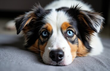 A cute Australian Shepherd puppy with striking blue eyes lying on a soft surface