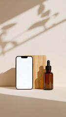 Minimalist product display featuring a phone, amber bottle, and wooden block, subtly lit with soft shadows
