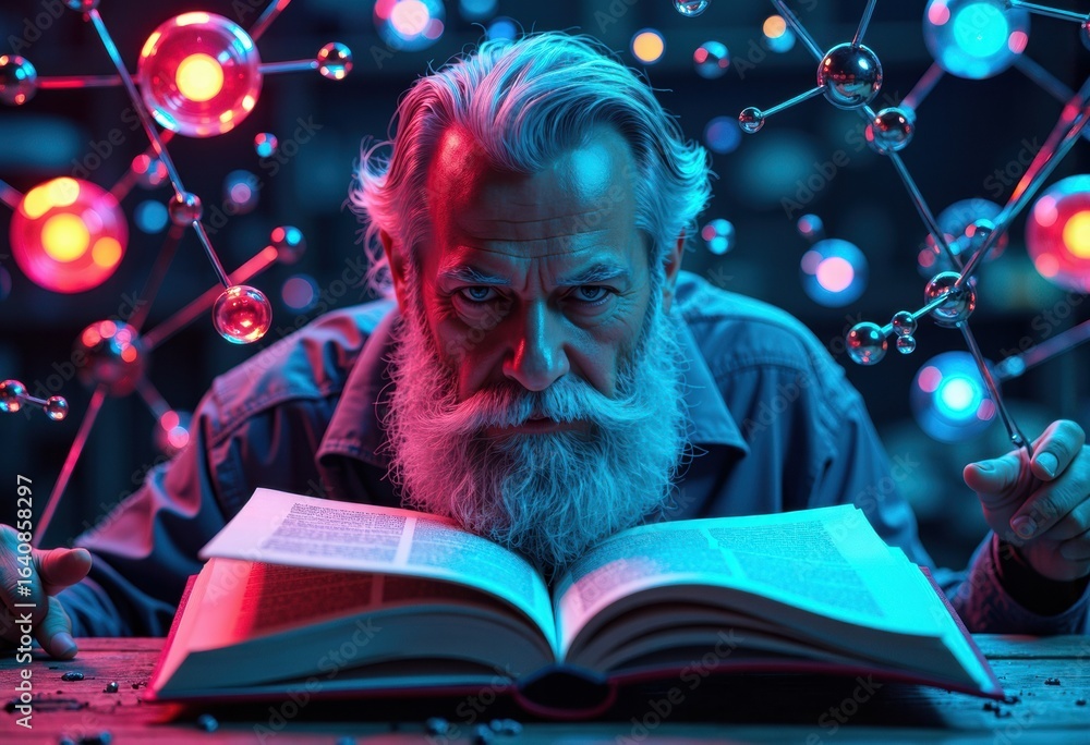 Poster an elderly man with a white beard reads a book surrounded by glowing molecular structures in a futur