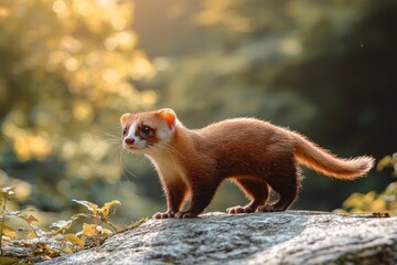 Elegant brown and white weasel standing alert on rock