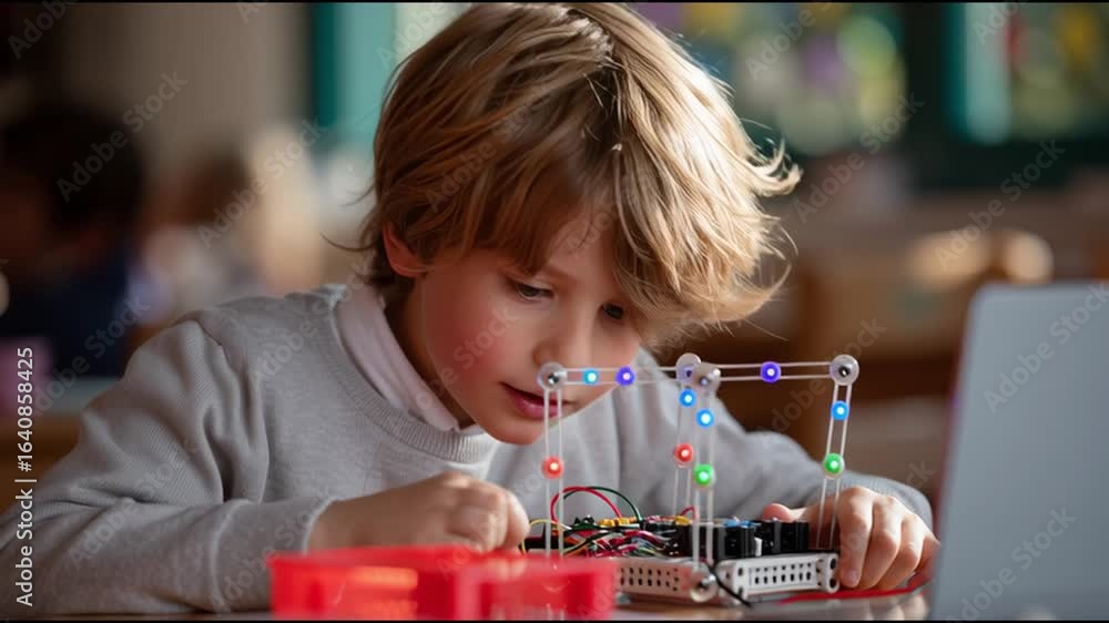Poster young child explores electronics and programming in creative learning environment