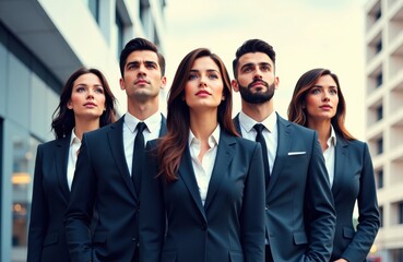 Obraz premium Business team of four professionals standing confidently outdoors in an urban setting