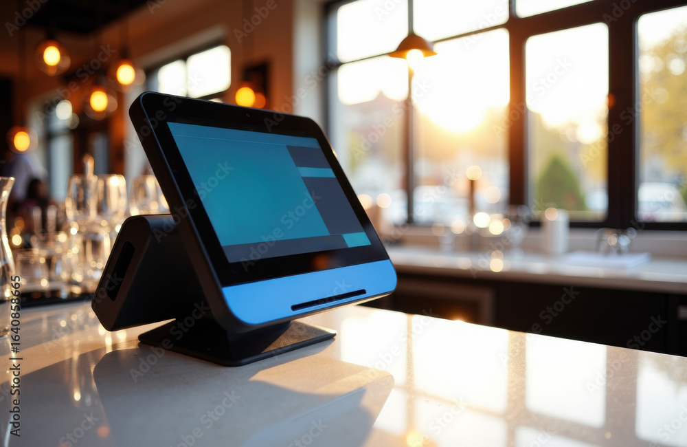 Poster modern point of sale touchscreen device on a clean counter in a bright cafe setting