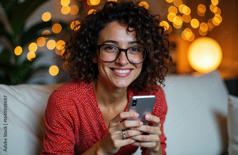 Poster woman smiling and using a smartphone in a cozy indoor setting with warm bokeh lights in the backgrou